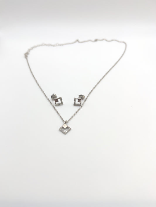 Squares Zirconia Sterling Silver Necklace and Studs Set