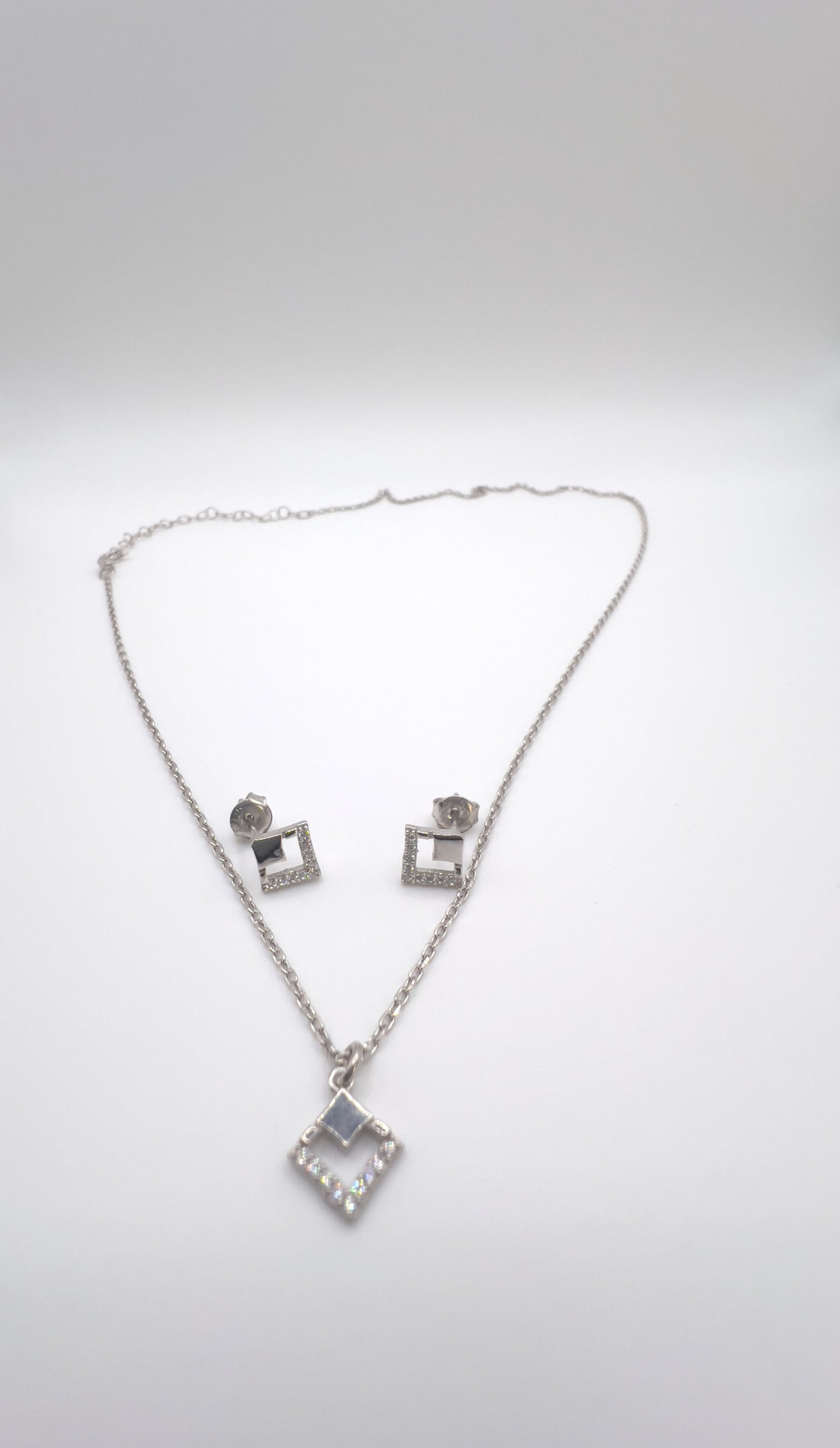 Squares Zirconia Sterling Silver Necklace and Studs Set