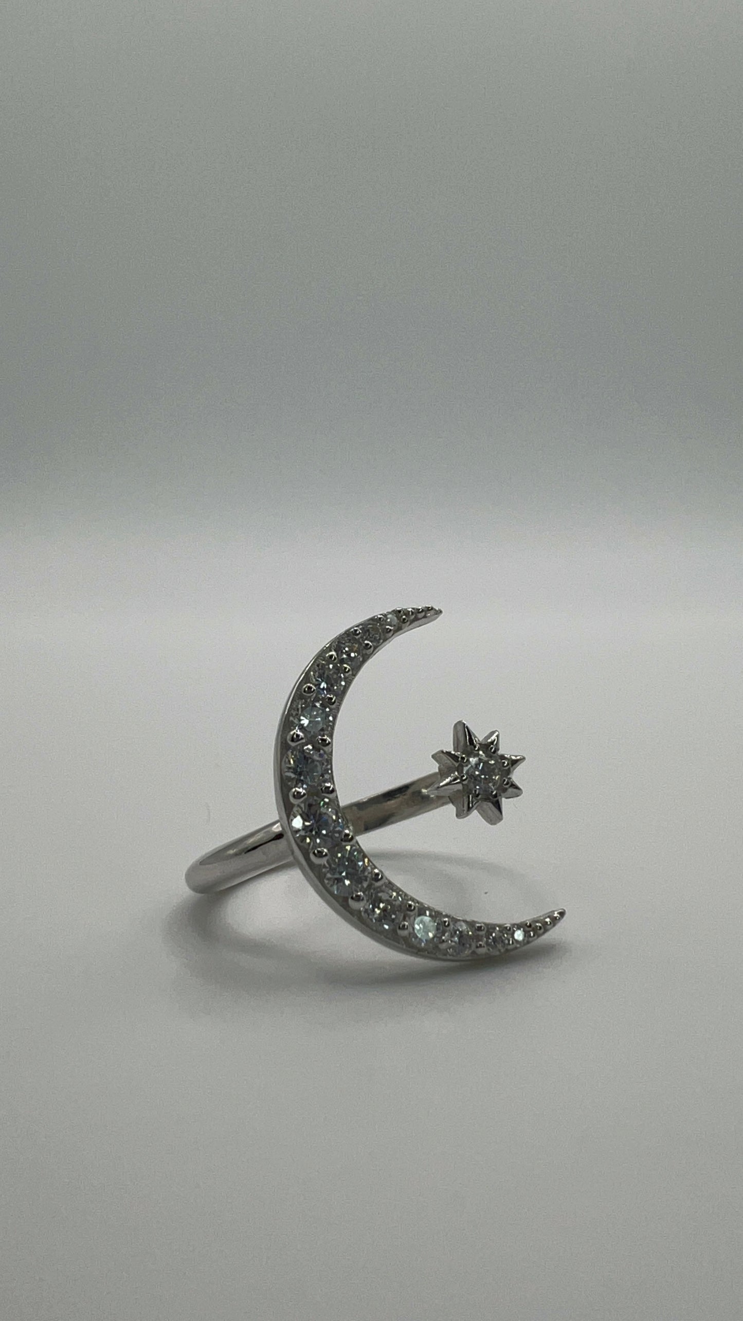 Crescent Moon and Star Zirconia Sterling Silver Ring