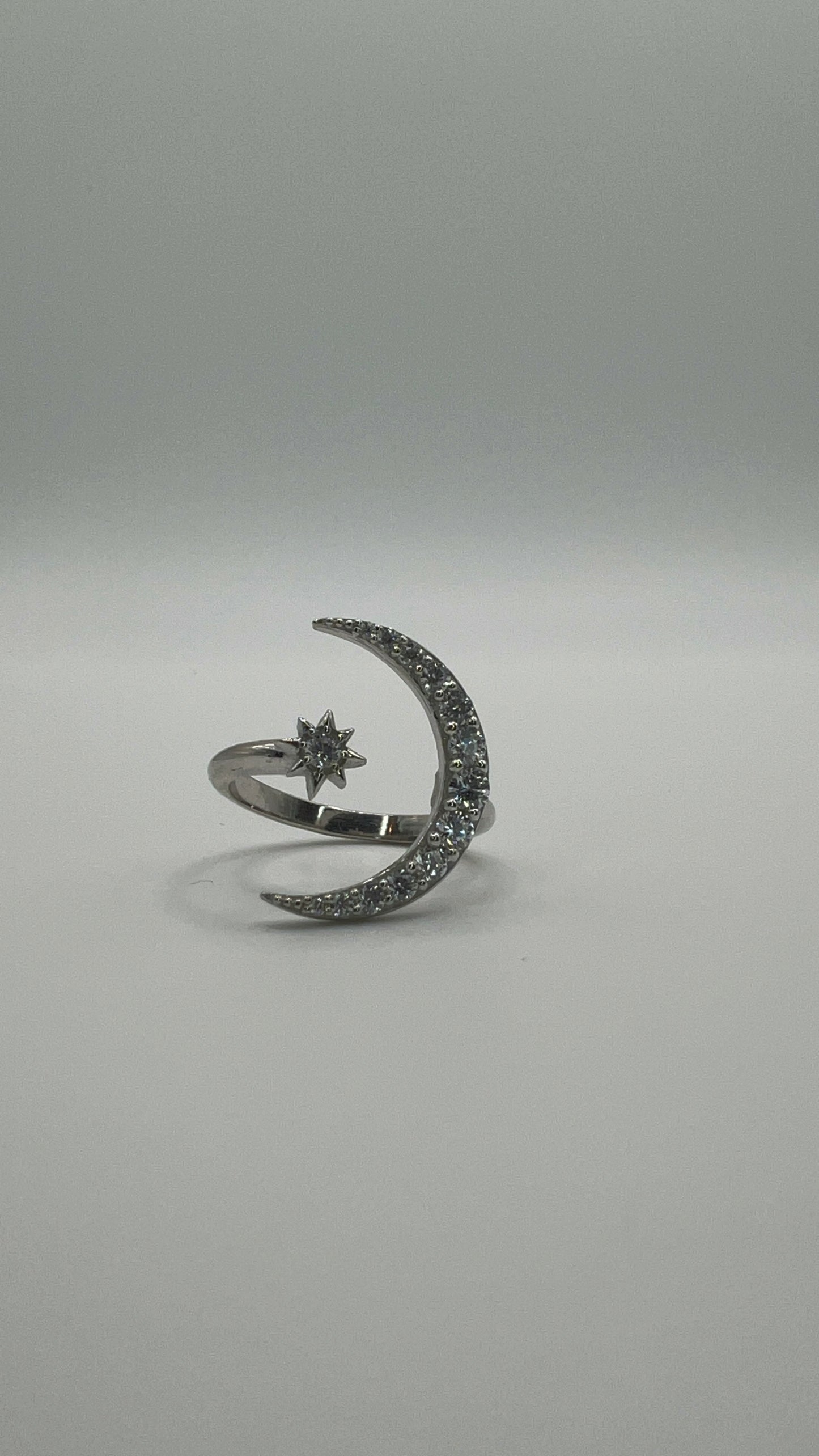 Crescent Moon and Star Zirconia Sterling Silver Ring